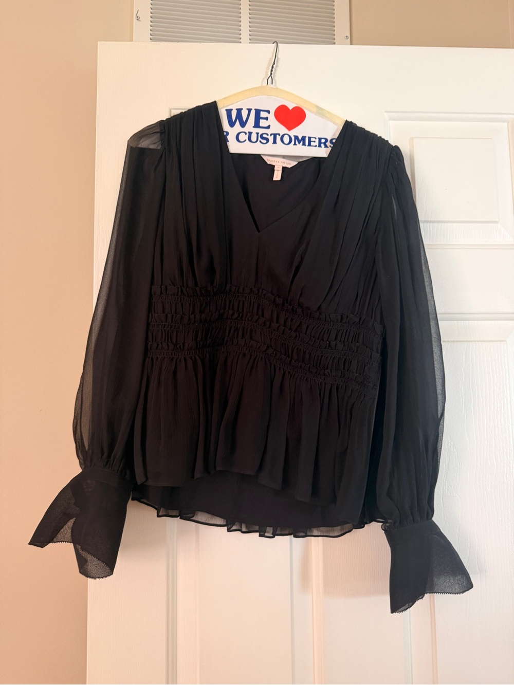 Rebecca Taylor Black Sheer V-Neck Smocked Waist Blouse